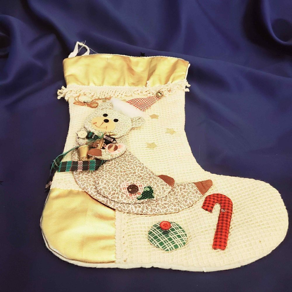 Vtg Teddy Moon Patched Christmas Stocking
